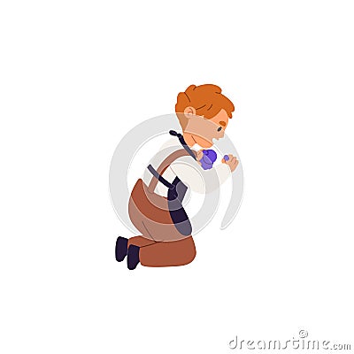Happy little boy does with dough. Cute kid in apron creates, sculpt, shaping plasticine figure. Funny child kneeling Vector Illustration