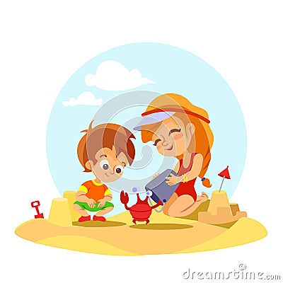 Happy little boy and girl finding crab on summer beach. Vector Illustration