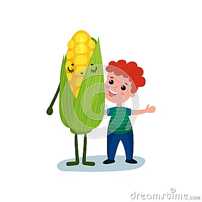 Happy little boy hugging giant sweet corn vegetable character, best friends, healthy food for kids cartoon vector Vector Illustration