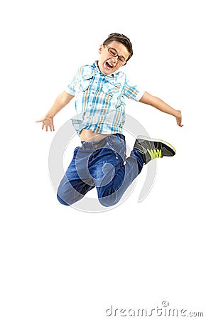 Happy little boy jumping on white Stock Photo