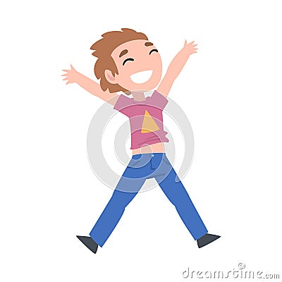 Happy Little Boy with Raising Hands, Cute Preschooler Kid Having Fun Cartoon Style Vector Illustration Vector Illustration