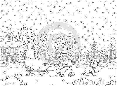 Happy little boy sledding a funny snowman Vector Illustration