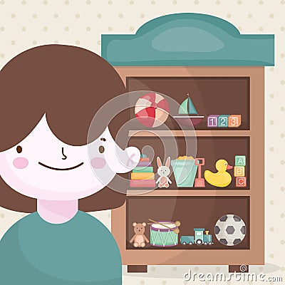 Happy little boy and wooden shelf toys Vector Illustration