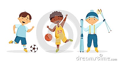 Happy little boys doing different sports vector set. Kids play football, basketball, and skiing. Children&#s Vector Illustration
