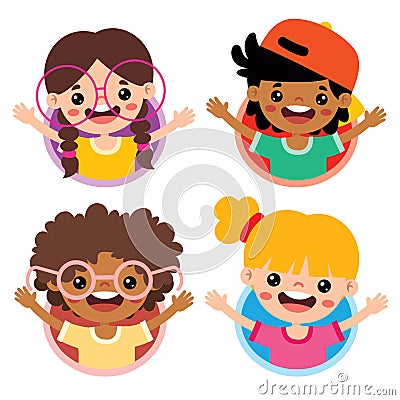 Happy Little Cartoon Children Posing Vector Illustration