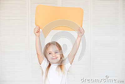 Happy Little Caucasian Girl Holding Blank Speech Bubble Stock Photo