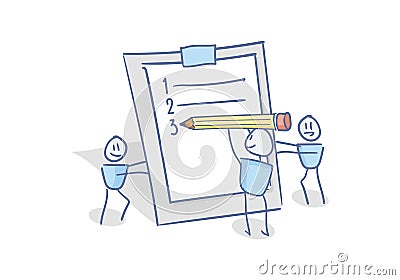 Happy little characters working as a team filling the to do list planner. Doodle illustration for business and other concepts Vector Illustration