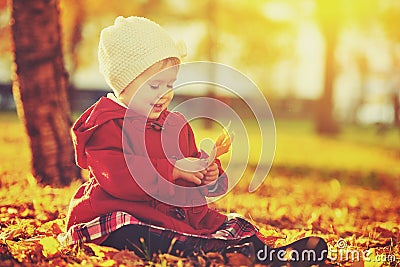 Happy little child, baby girl laughing and playing in autumn Stock Photo
