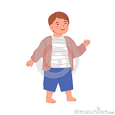 Happy little child walking barefoot. Cute adorable kid smiling with joy. Funny joyful lovely boy laughing, expressing Vector Illustration