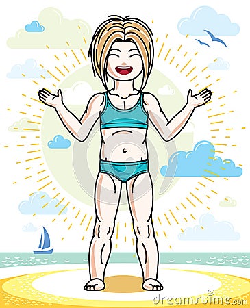 Happy little fair-haired girl posing on sunny beach and wearing Vector Illustration