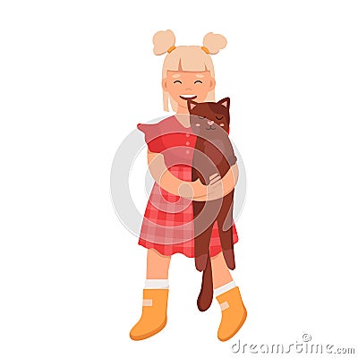 Happy little girl caring her cat Vector Illustration