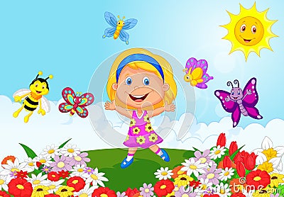 Happy little girl cartoon running on flower field Vector Illustration