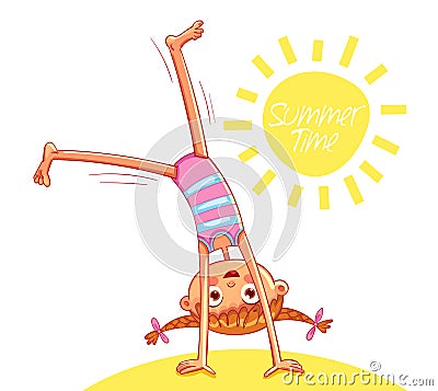 Happy little girl doing cartwheel on sea beach Vector Illustration