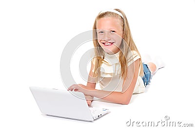 Happy little girl with laptop Stock Photo