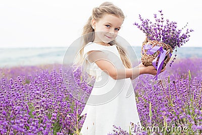 Happy little girl in lavender field with basket of Stock Photo