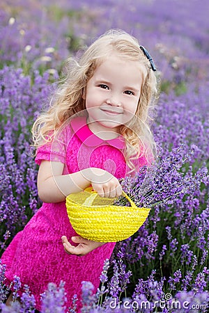 Happy little girl is in a lavender field Stock Photo