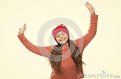 happy little girl loves winter. finally winter holidays. enjoy christmas vacation. good mood in any weather. warm Stock Photo