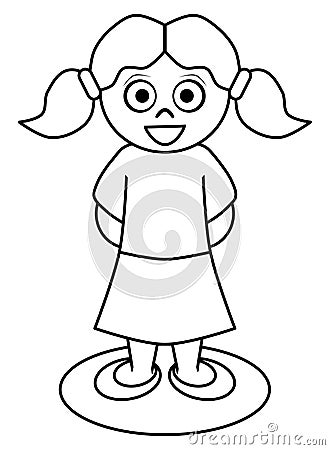 Happy little girl, picture for children coloring, black and white, isolated. Vector Illustration