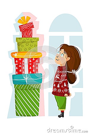 Happy little girl with pile of presents. A lot of gifts, stack of boxes, cute child wear knitted pullover with deer Vector Illustration