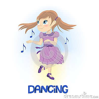 Happy little girl in purple dress dancing near floating musical notes Vector Illustration