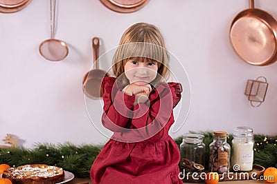 Happy little girl in red dress on Christmas eve at home. Sincere child emotions. Smile child enjoying New year gift. Happy little Stock Photo