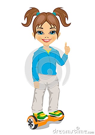 Happy little girl riding gyroscooter and giving thumbs up - eco transport, hoverboard, smart balance wheel Vector Illustration