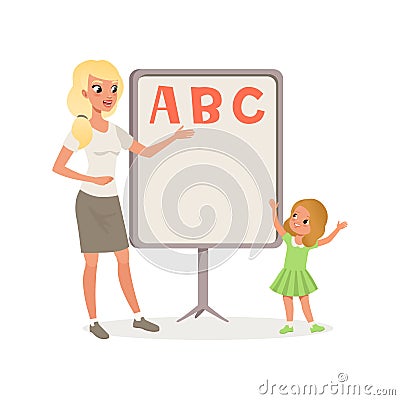 Happy little girl and teacher standing next to blackboard with ABC letters. Kid learning alphabet. Lesson in Vector Illustration