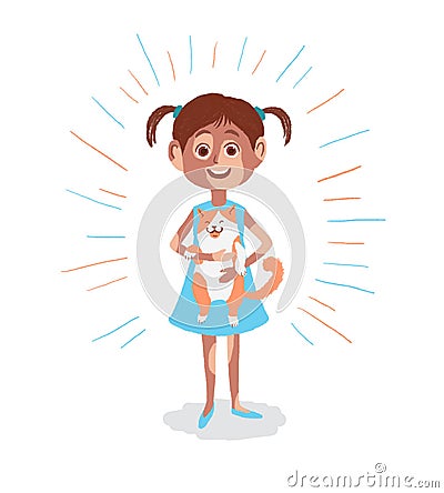 Happy little girl with vitiligo is holding a bicolor cat. Illustration for the World Vitiligo Day. Stock Photo