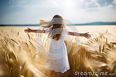 happy little girl in white dress run in wheat field Stock Photo