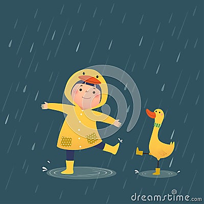 A happy little girl in yellow hooded duck raincoat and rubber boots playing rain with the duck on a rainy Vector Illustration