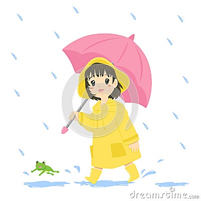 Happy Little Girl in Yellow Raincoat Holding an Umbrella Vector Vector Illustration