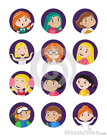 Happy little girls avatar icon set Vector Illustration