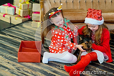 Happy Little girls and dog at Christmas Stock Photo