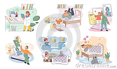 Happy little kid using tablet vector set, child watching smartphone while eating at kitchen at home Vector Illustration