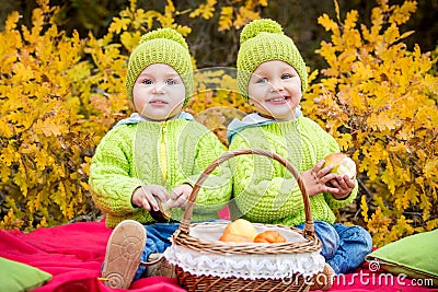 Happy little kids twin brothers on walk Stock Photo