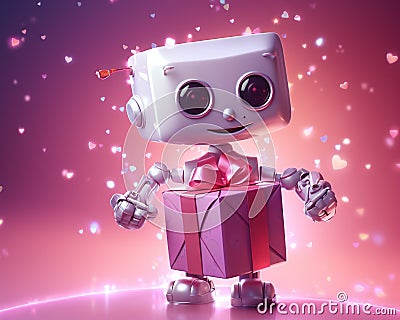 Happy little robot giving a gift over a pink background. Stock Photo