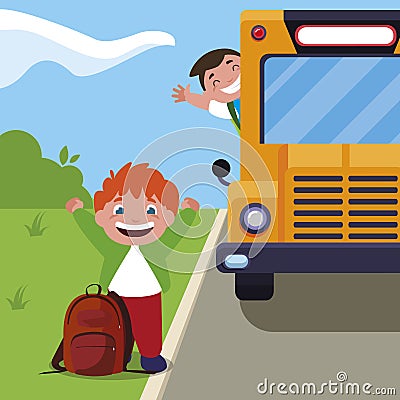 happy little schoolboys in the bus stop Cartoon Illustration