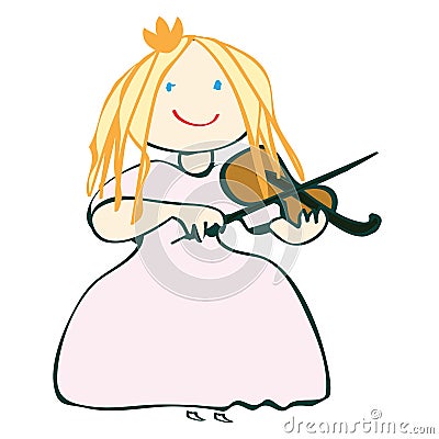 Happy little violinist plays the violin in a long dress, vector, illustration, music lessons, isolate Cartoon Illustration