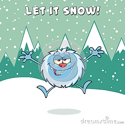 Happy Little Yeti Cartoon Mascot Character Jumping Up With Open Arms Vector Illustration