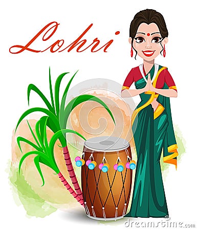 Happy Lohri greeting card with beautiful girl standing near drum Vector Illustration