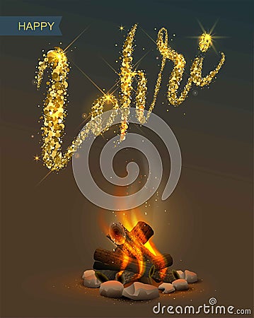 Happy Lohri Punjabi festival. Bonfire on dark background and lettering text Vector Illustration