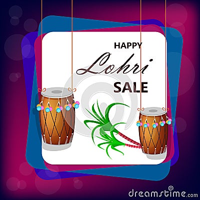 Happy Lohri sale banner with two hanging drums and sugarcane Vector Illustration