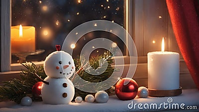 A happy but lonely little snowman at Christmas Stock Photo