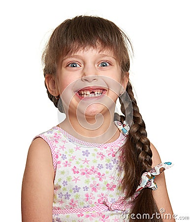 Happy lost tooth girl portrait, studio shoot on white background Stock Photo