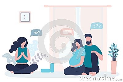 Happy love couple, female guru sitting in lotus yoga pose. Beauty pregnant woman and handsome man in living room Vector Illustration