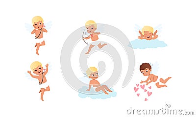 Happy Lovely Cupid Boys Characters Set, Adorable Baby Angels Cartoon Style Vector Illustration Vector Illustration