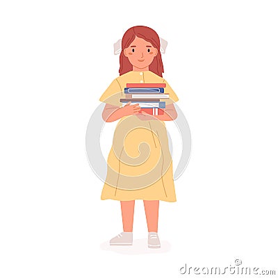 Happy lovely girl standing with pile of books. Sweet kid holding stack of textbooks from school library. Colored flat Vector Illustration