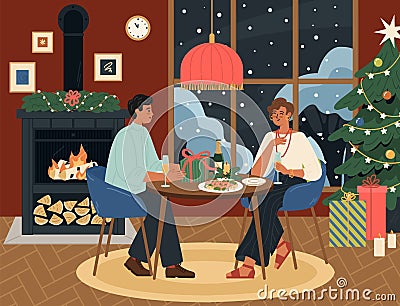 Happy loving couple celebrating Christmas and New Year at home Vector Illustration