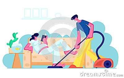 Happy Loving Couple Husband and Wife Prepare Become Parents. Man Vacuuming Floor, Pregnant Woman with Big Belly Reading Vector Illustration