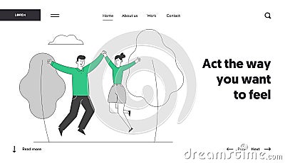 Happy Loving Couple Sparetime Website Landing Page. Cheerful Man and Woman Spend Time Together Rejoice Vector Illustration